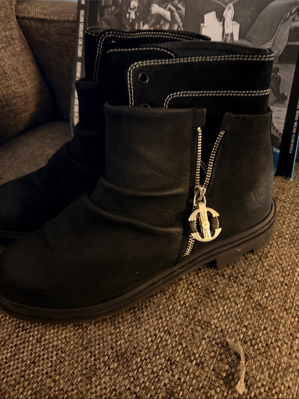 John Fluevog Black Leather Ankle Boots with Gold Zipper Charm